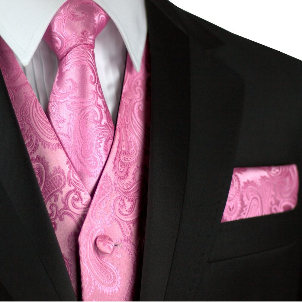 Men's Formal Wedding Prom Homecoming Tuxedo Vest Tie Hankie set - Rose Paisley